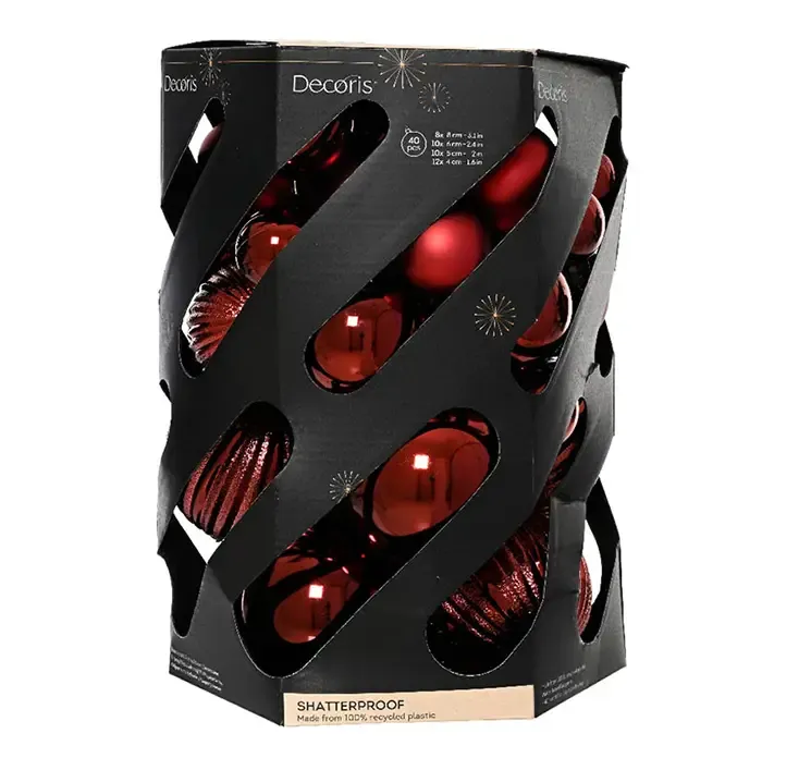 Julekugler af genbrugsplast i bordeaux