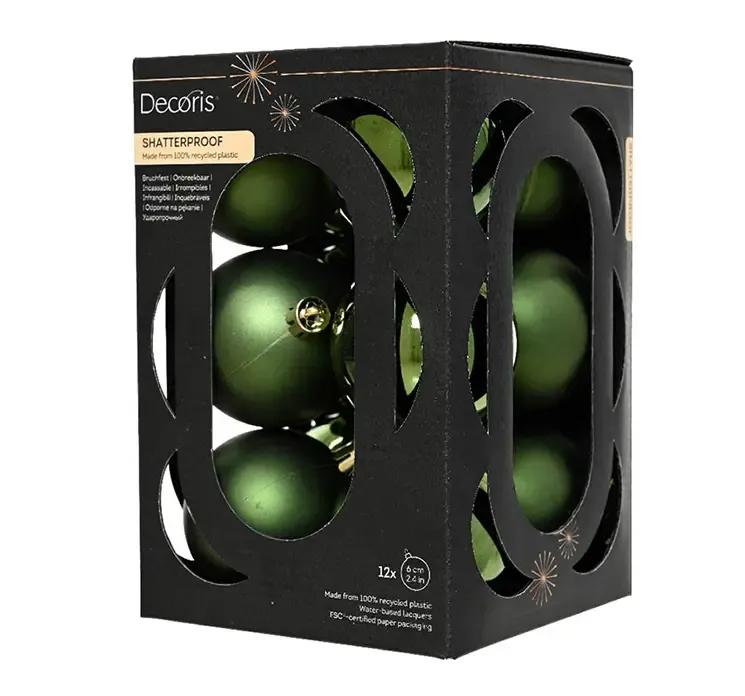 Julekugler af genbrugsplast i grøn, blank og mat