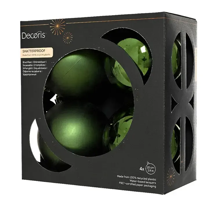 Julekugler af genbrugsplast i grøn, blank og mat