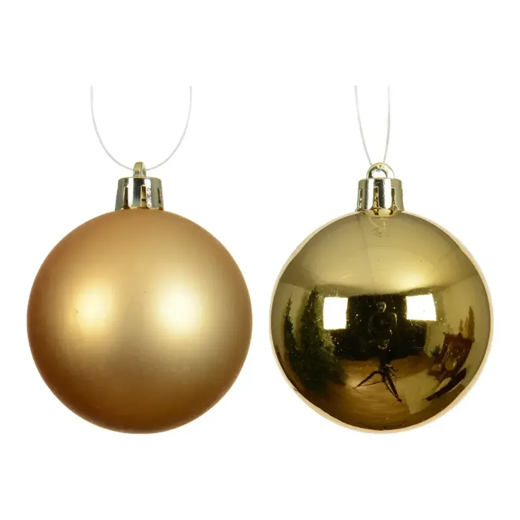 Julekugler af genbrugsplast i guld farvet 8cm closeup
