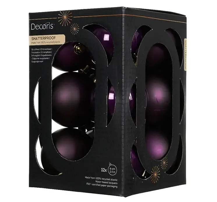 Julekugler af genbrugsplast i mørk lilla, blank og mat