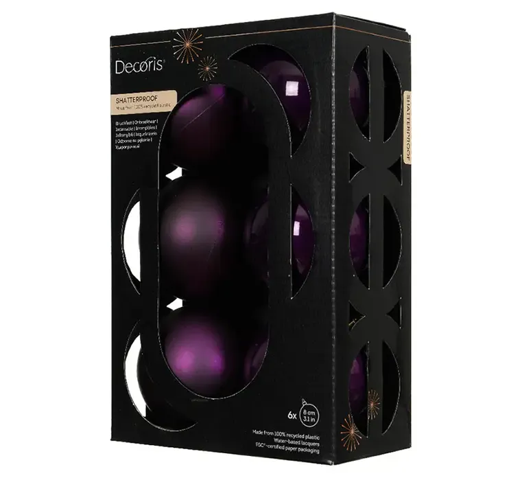 Julekugler af genbrugsplast i mørk lilla, blank og mat