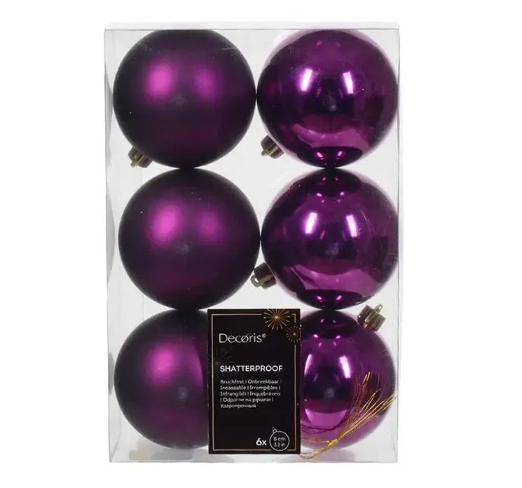 Julekugler af plast i lilla, blank og mat