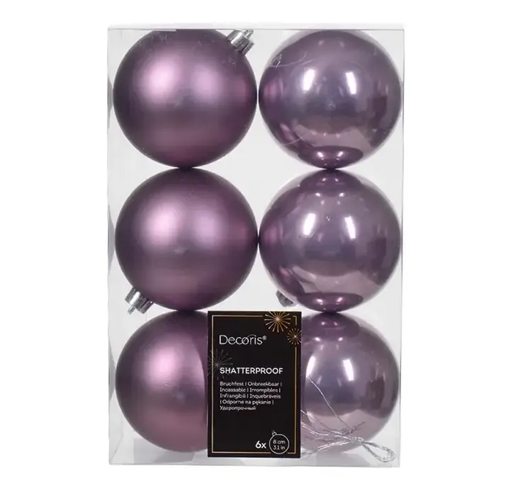 Julekugler af plast i lys lilla, blank og mat
