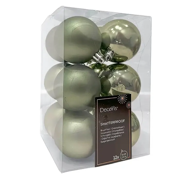 Julekugler af plast i eukalyptus grøn, blank og mat