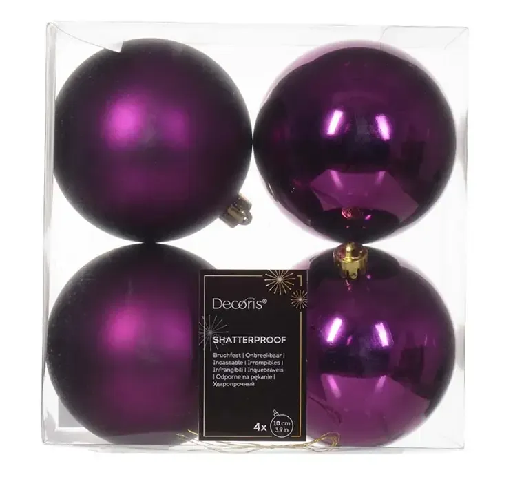 Julekugler af plast i mørk lilla, blank og mat