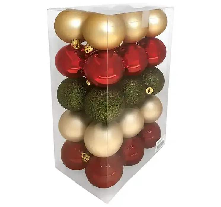 Julekugler i plast i guld, grøn, champagne, bordeaux og rød mix