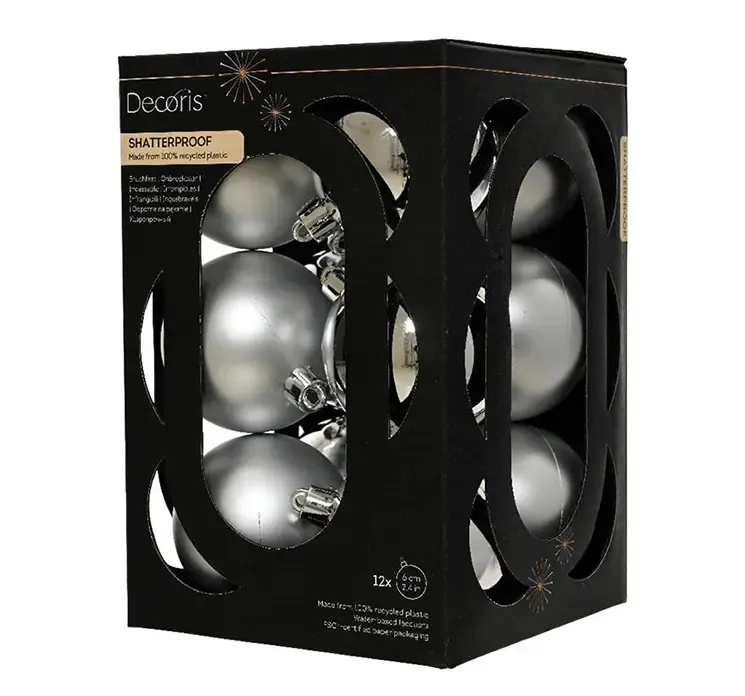 Julekugler af genbrugsplast i sølv, både mat og blank