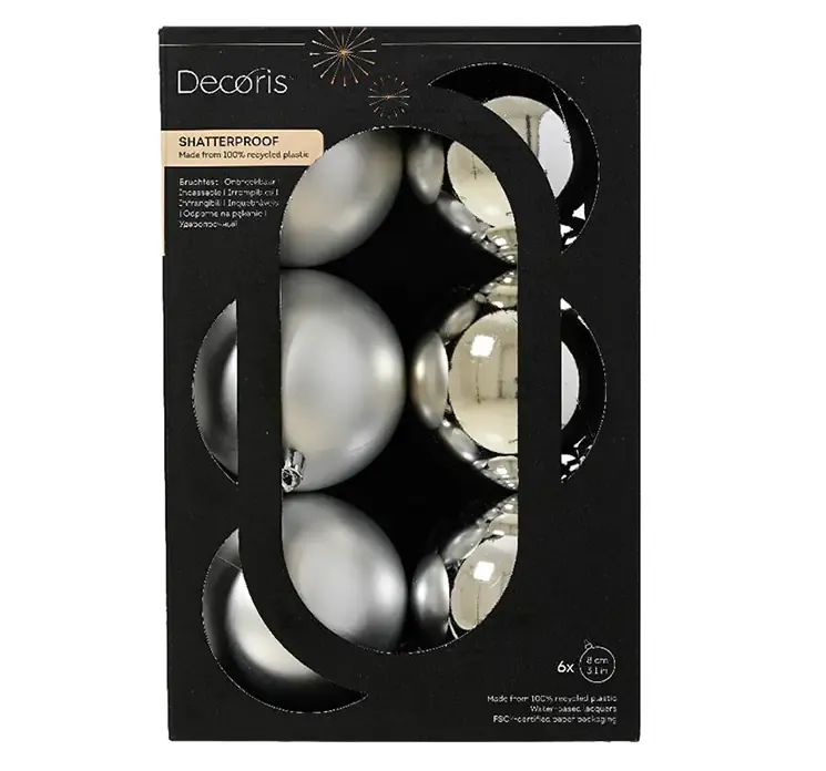 Julekugler af grenbrugsplast i sølv, både mat og blank