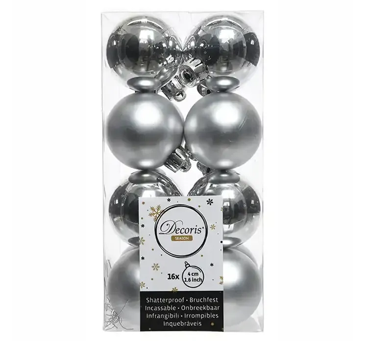 Julekugler af plast i sølv, blank og mat
