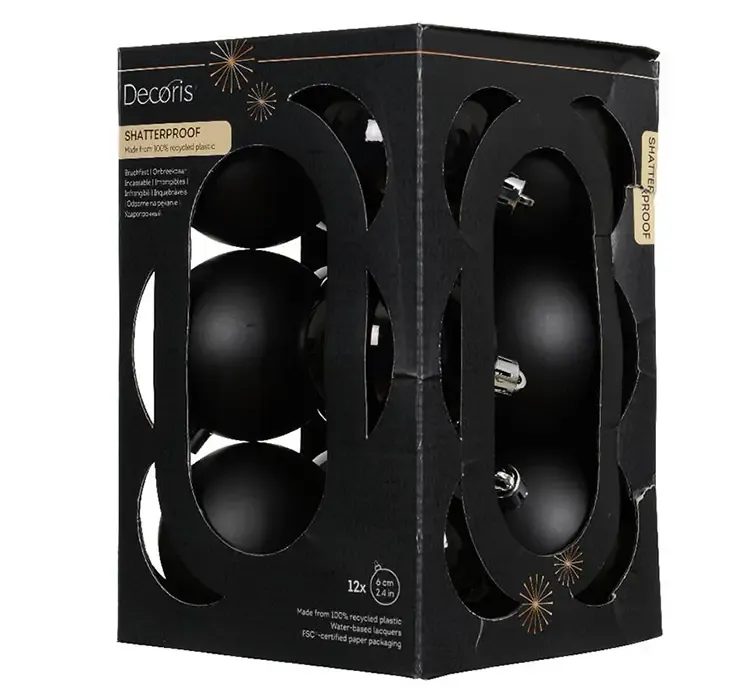 Julekugler af genbrugsplast i sort, blank og mat