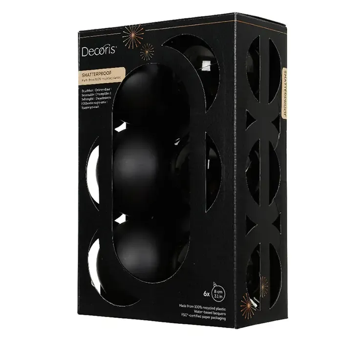 Julekugler af genbrugsplast i sort, blank og mat