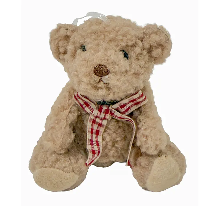 Bamse også kaldet teddybear i lysebrun plys med sløjfe til ophæng