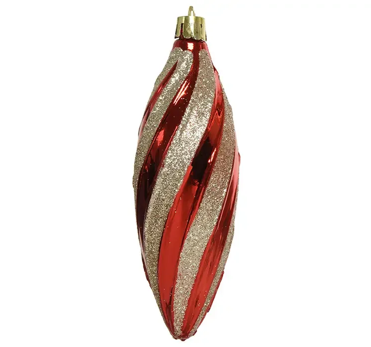 Juletræspynt formet som en dråbe i rød med guld glimmer af plast