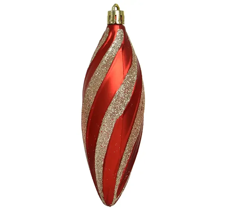 Juletræspynt formet som en dråbe i rød med guld glimmer af plast