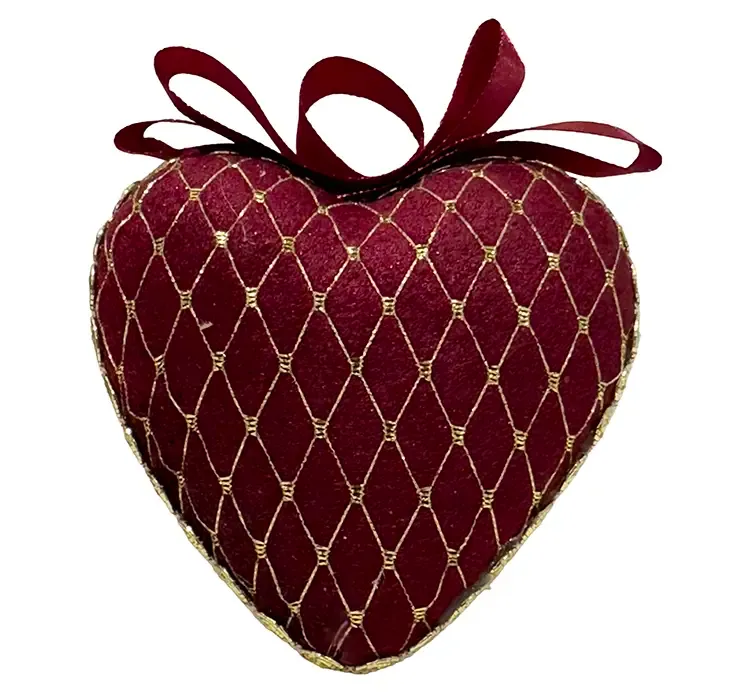 Julepynt hjerte af fløjl i bordeaux og med guldfarvede tråde