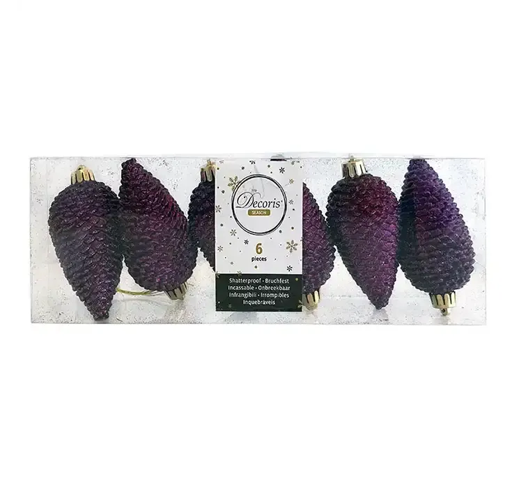 Julepynt grankogler af plast i lilla med glimmer