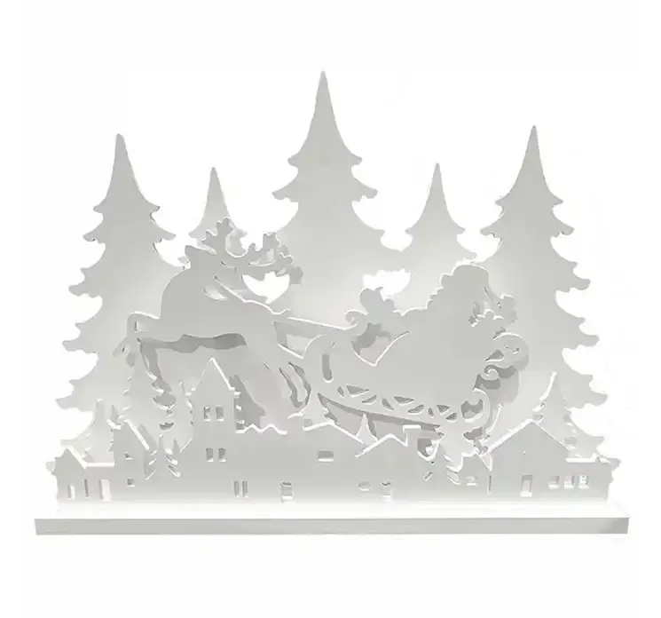 Julescene i hvid af plast med lys, motiv med træer og julemanden i slæde