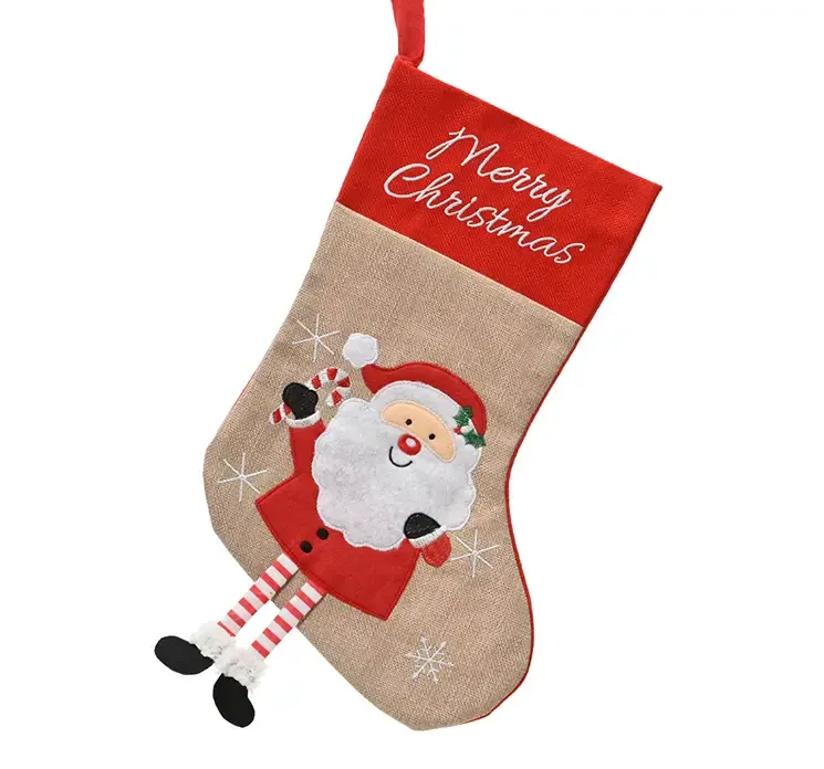 Julesok med julemands motiv og teksten merry christmas i stof