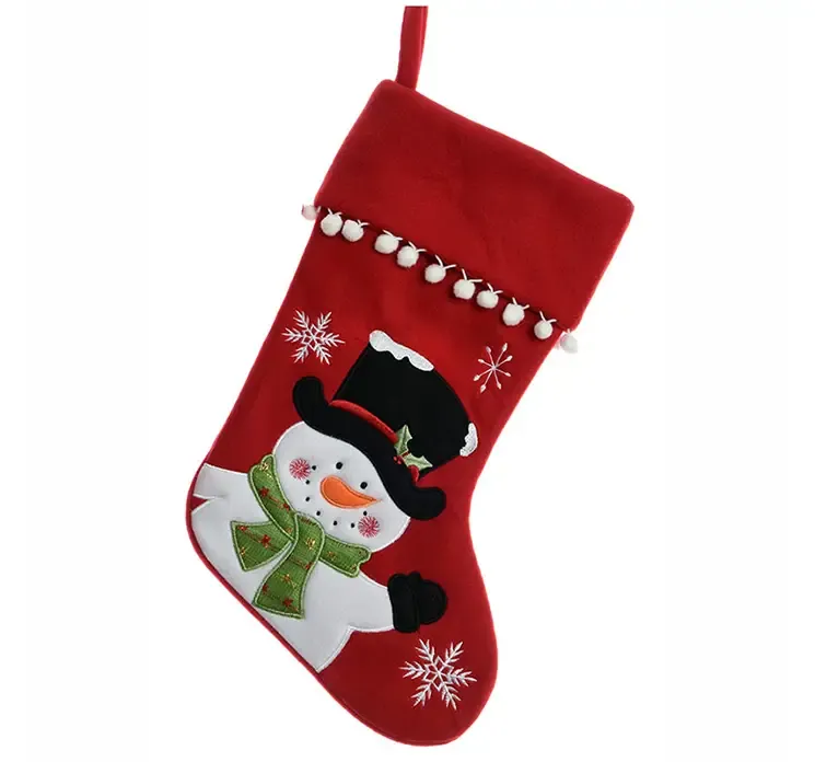 Julesok i rød af filt med snemandsmotiv