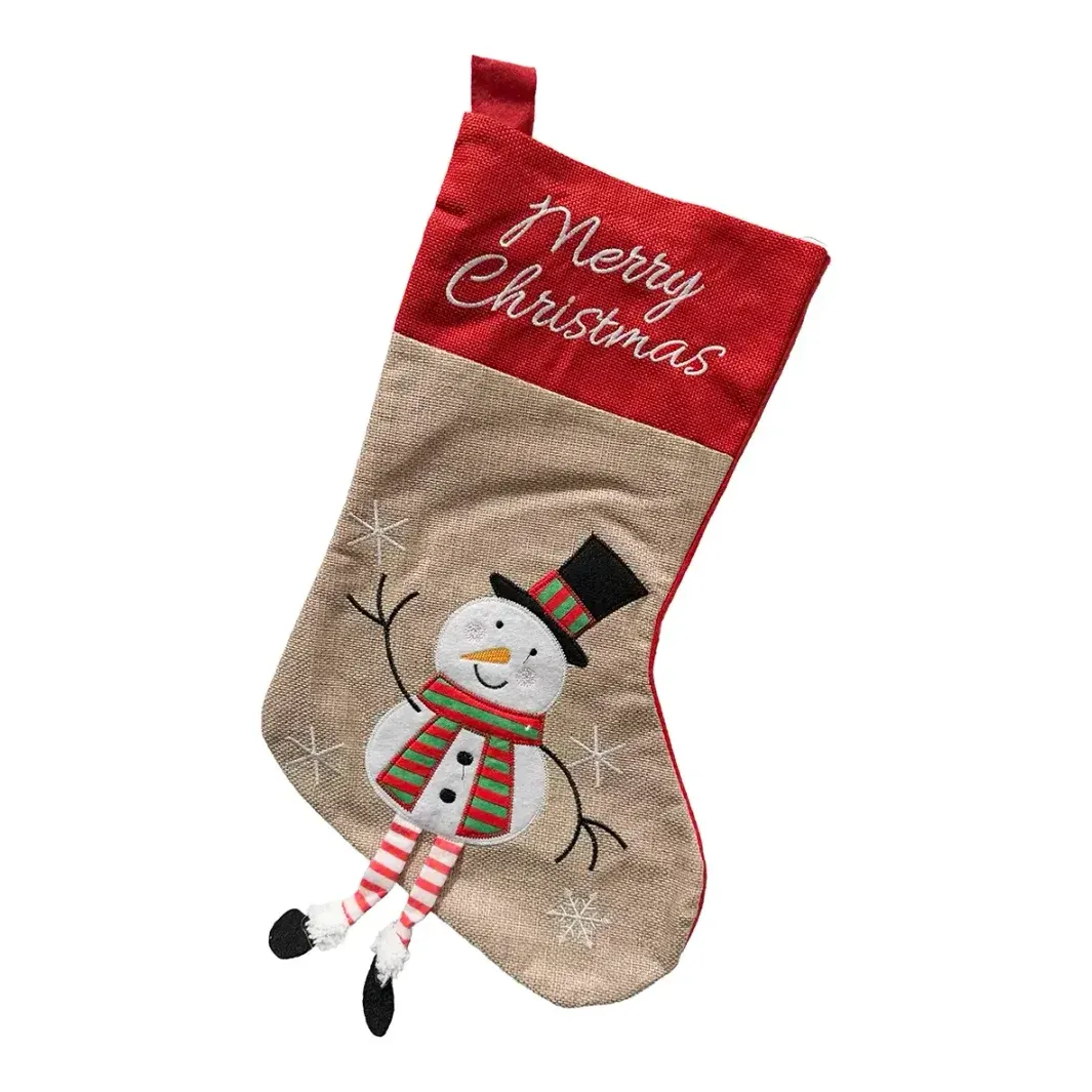 Julesok med snemands motiv og teksten merry christmas i stof