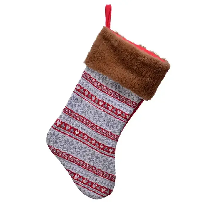 Julesok i strik med brun plys kant