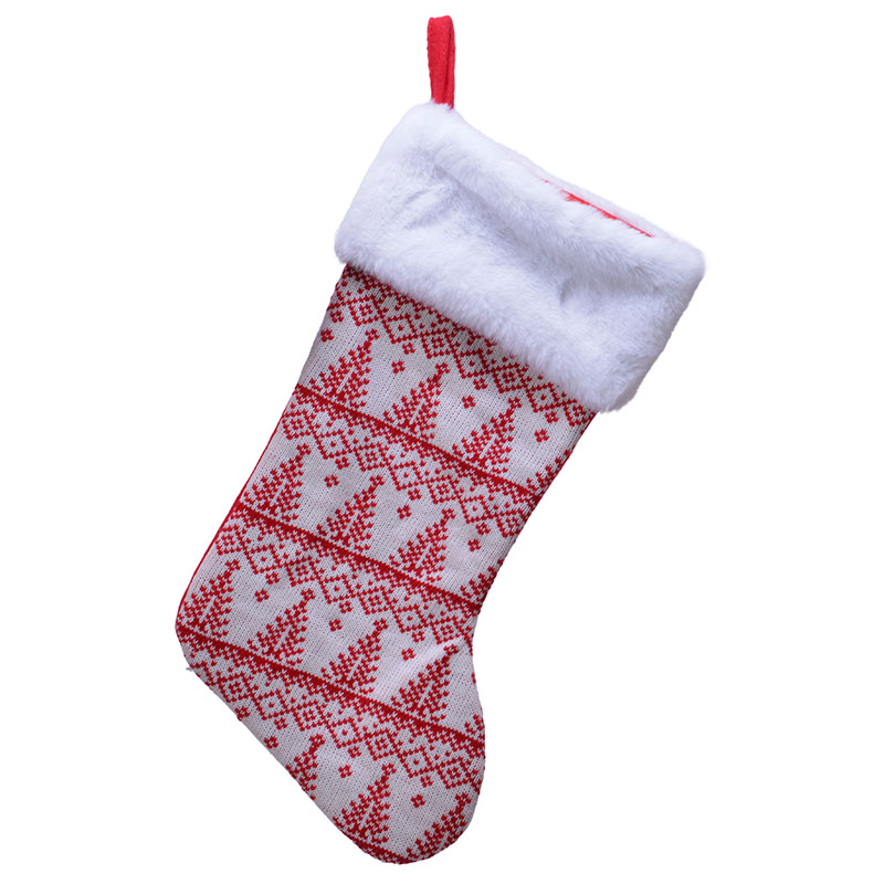 Julesok i strik med fint julemønster i rød og hvid og hvid plystop