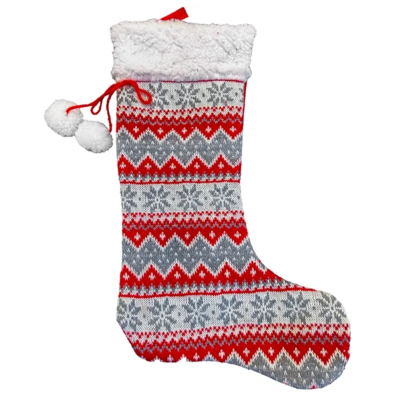 Julesok strikket med mønster og plyskant, rød, hvid og grå