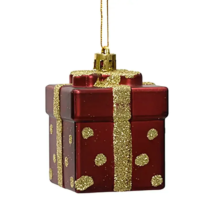 Julegave som juletræspynt af plast i rød