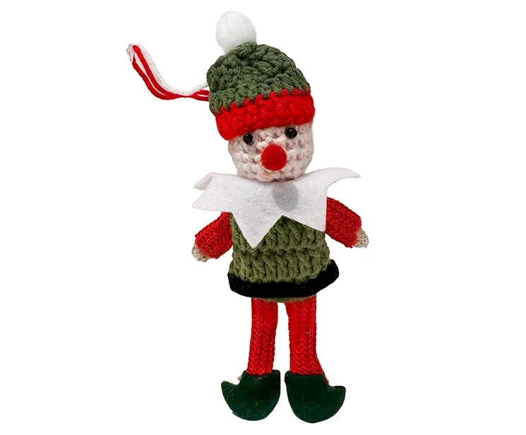 Juletræspynt fin hæklet nisse med rødt og grønt tøj