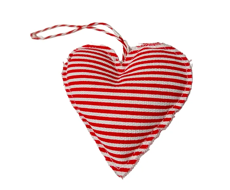 Stribet stofhjerte i rød og hvid til juletræspynt