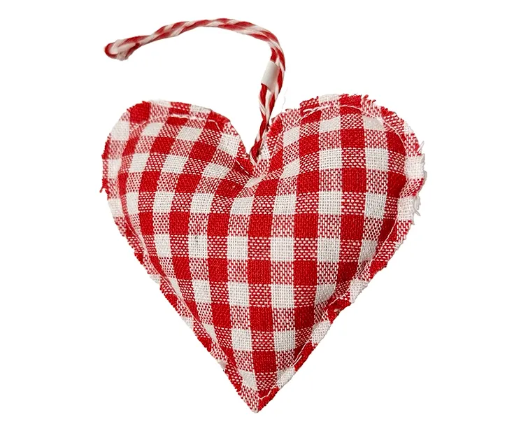 Ternet stofhjerte i rød og hvid som  juletræspynt