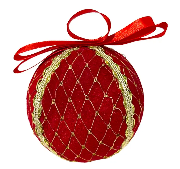 Juletræspynt julekugle af fløjl i rød med guldtråde