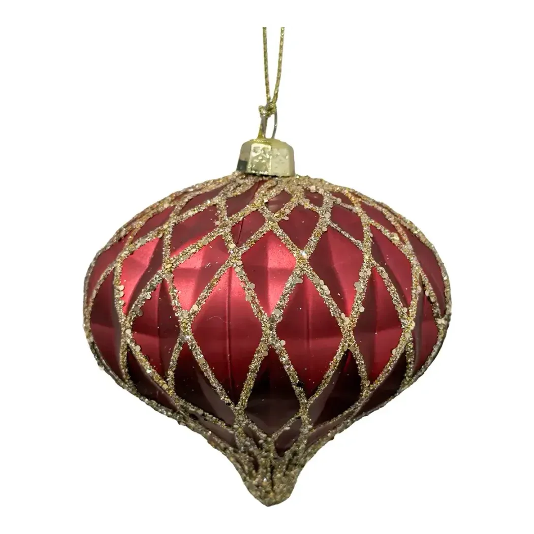 Ornament i mat rød med guld glimmer juletræspynt 8cm