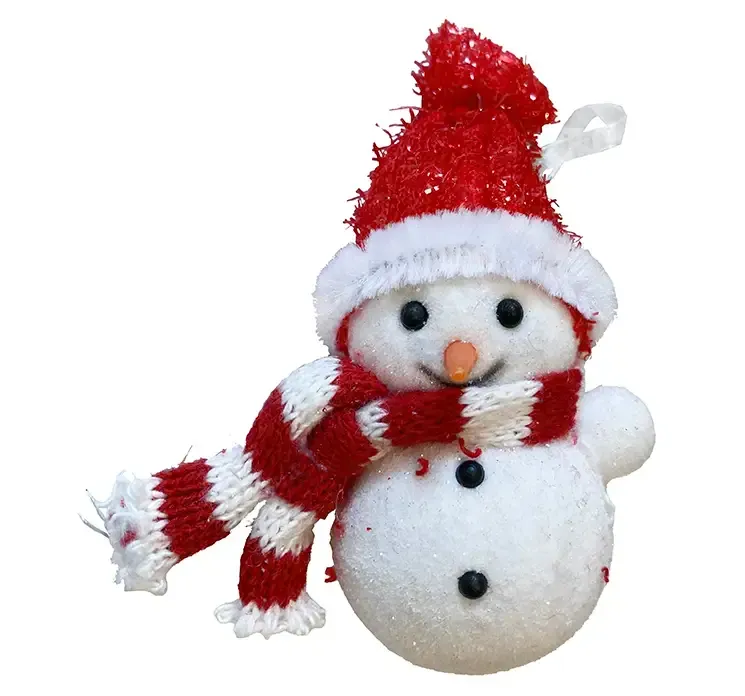 Julepynt kunstig snemand med rød hat og stribet halstørklæde