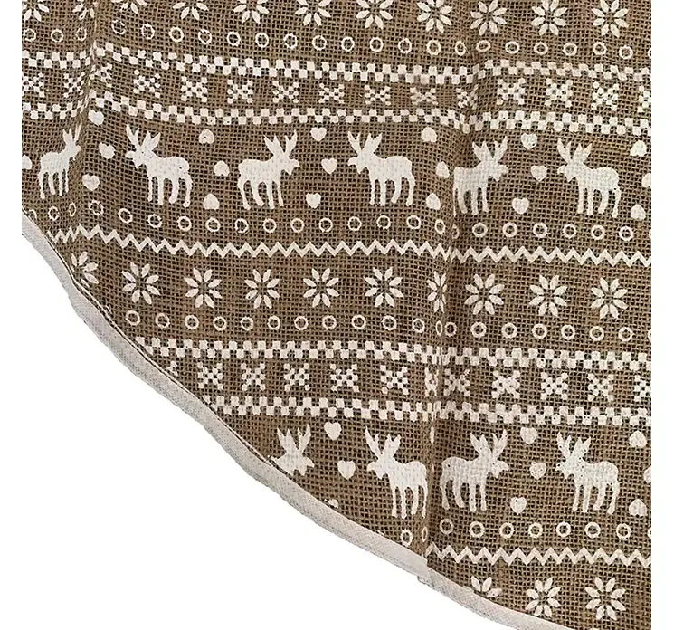 Juletræstæppe af hessian med rensdyrmønster i naturfarve closeup