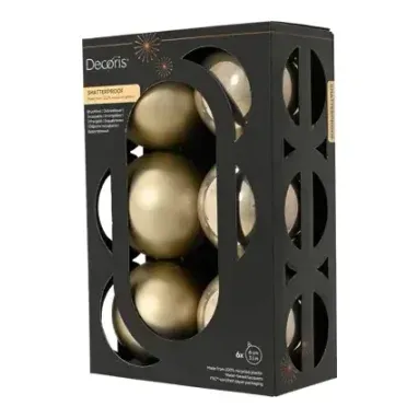 Julekugler 8 cm i taupe og beige i emballage, 6 stk., genbrugsplast – Brøndsholm