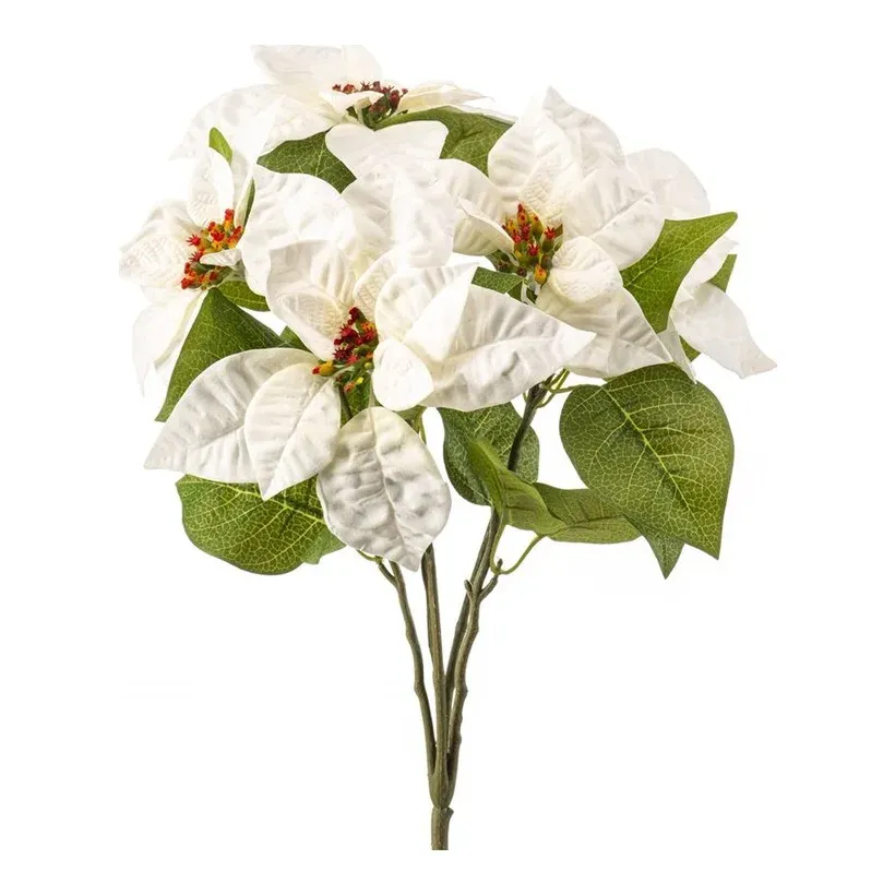 Kunstig julerose i buket med 5 blomsterhoveder, 42 cm, creme – Brøndsholm