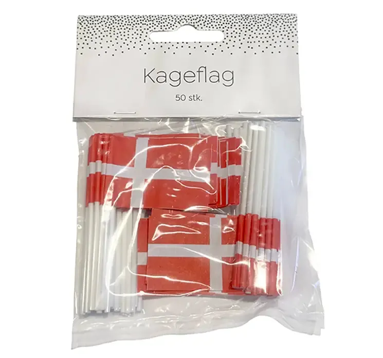 kageflag af papir på plastpind Dannebrog i pose
