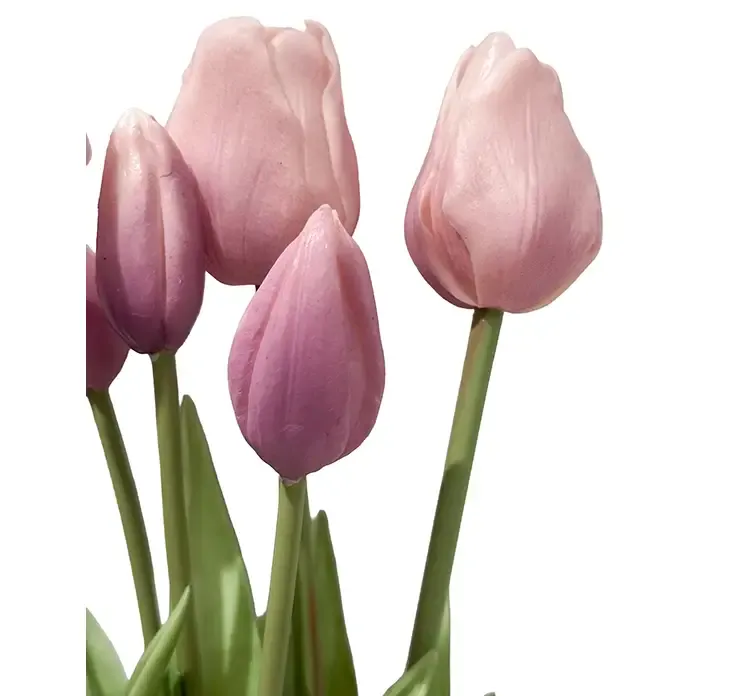 Kunstig tulipanbuket i lavendel farvet, af gummi og plast closeup
