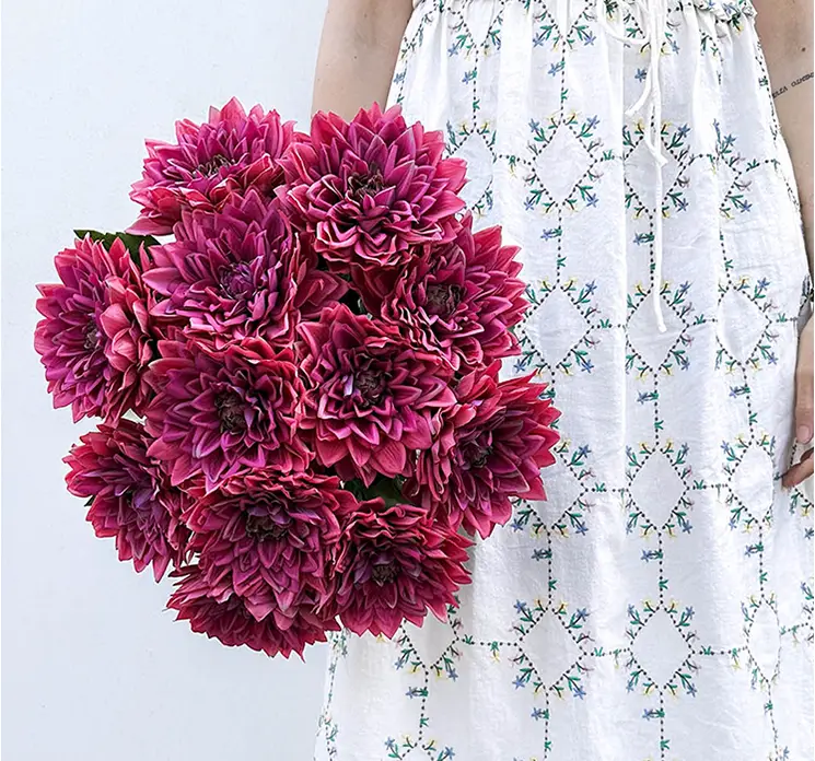 Dahlia også kaldet georgine kunstig blomst af plast i lilla, her vist som stor og fyldig buket