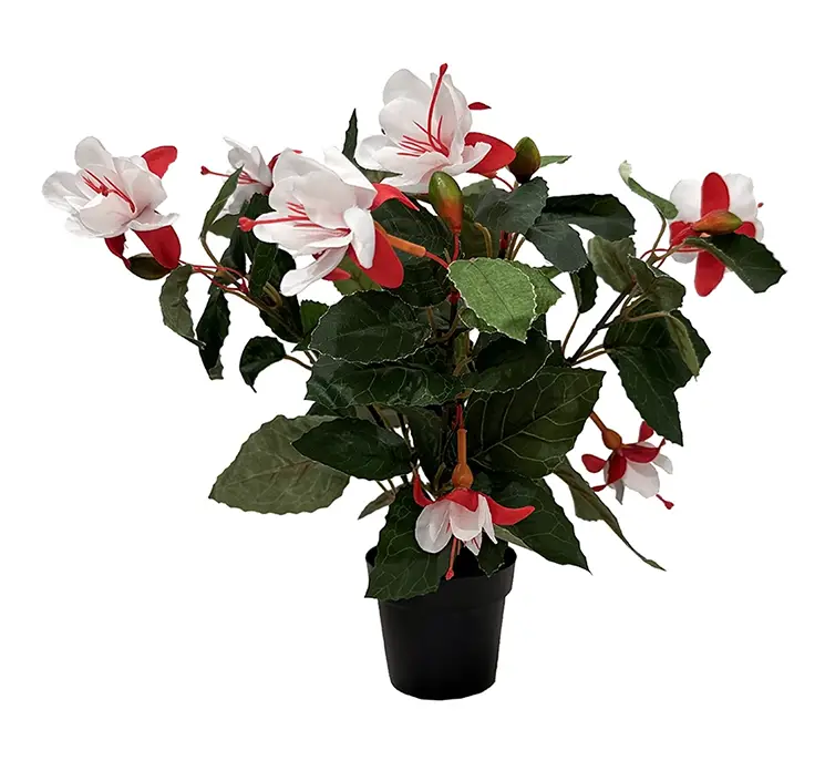Fuchsia kunstig blomst i sort potte af plast i hvid