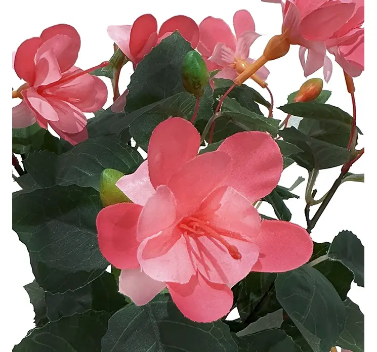 Fuchsia kunstig blomst i sort potte af plast i lyserød closeup af blomst