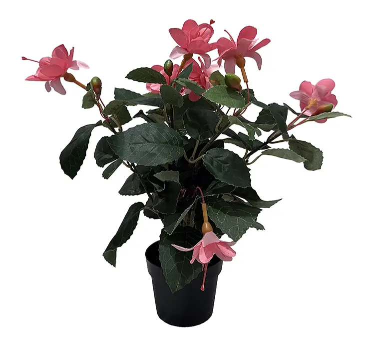 Fuchsia kunstig blomst i sort potte af plast i lyserød