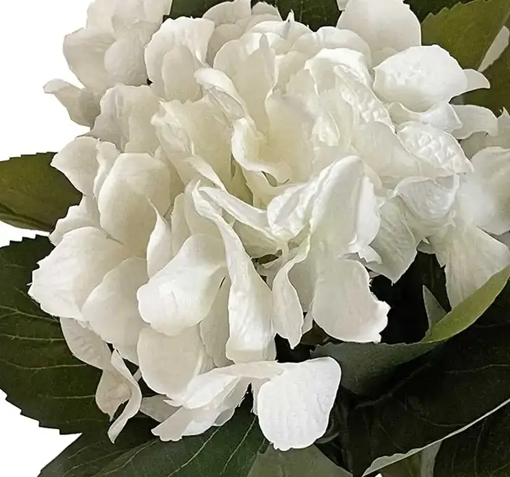 Hortensia kunstig blomst af plast i hvid closeup