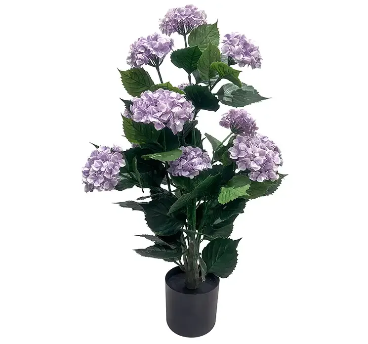 Kunstig hortensia med lilla blomster i sort potte uv beskyttet af plast