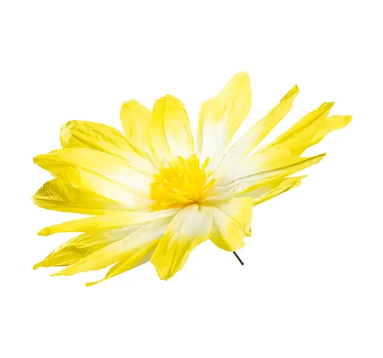 Kunstig blomsterhoved af papir i gul og hvid