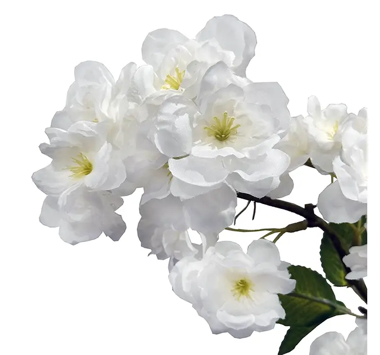 Kirsebærgren med hvide kunstige blomster af plast closeup