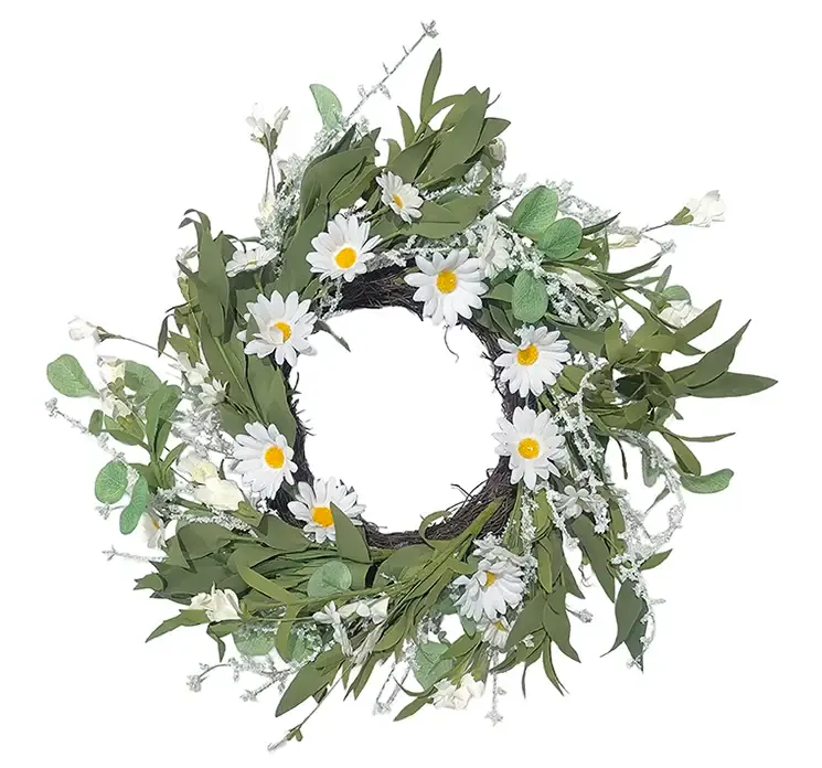 Krans med kunstige margueritter og eukalyptusgrene i hvid og grøn