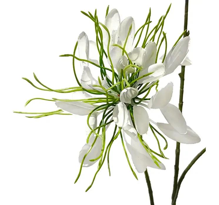 Kunstig krysantemum blomstgren med hvide blomster af plast closeup